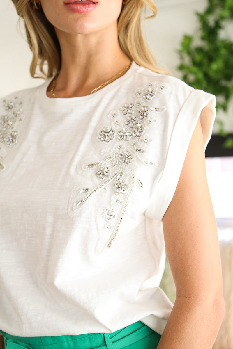 RHINESTONE DETAIL WHITE COTTON TOP