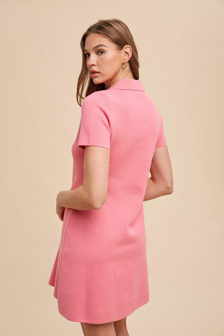 Spring Pink Short Sleeve Sweater Polo Dress - The Color Collab
