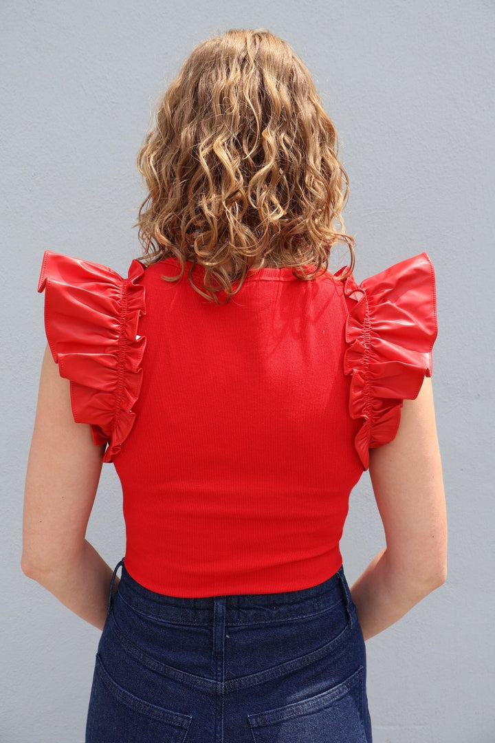 V - neck bodysuit with faux leather ruffle sleeves - The Color Collab