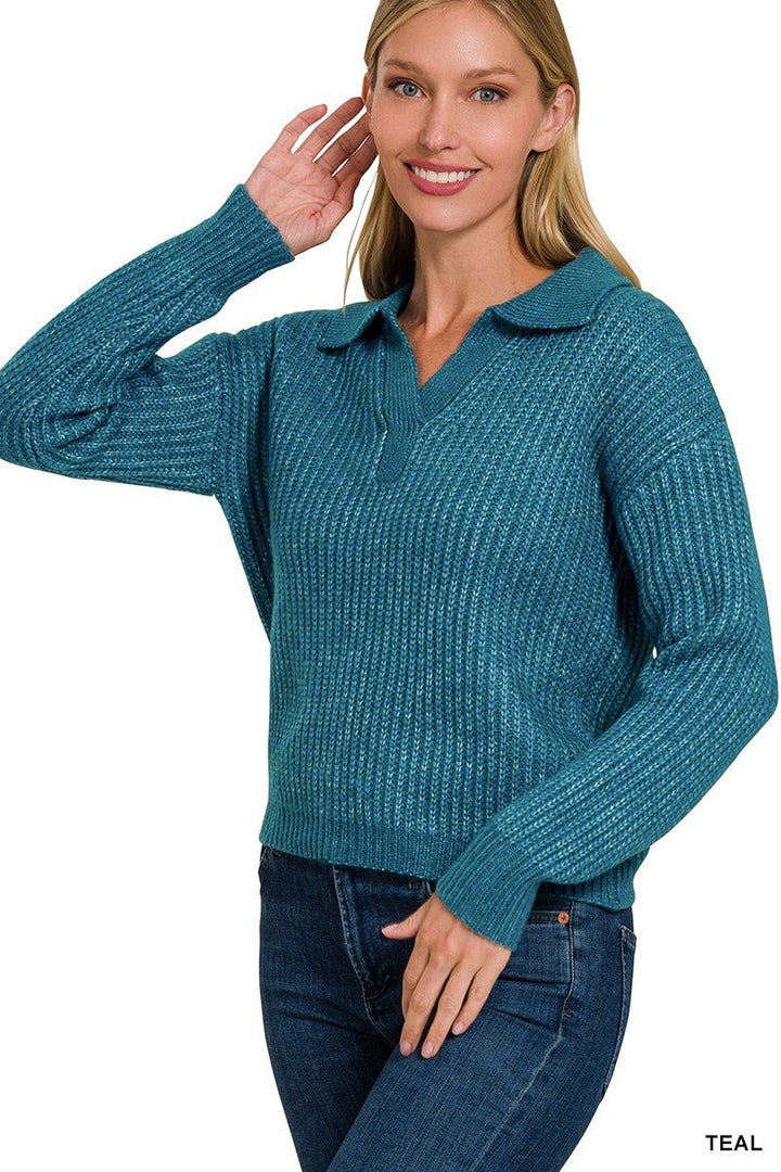 Zoey Melange Collared V - Neck Sweater - The Color Collab