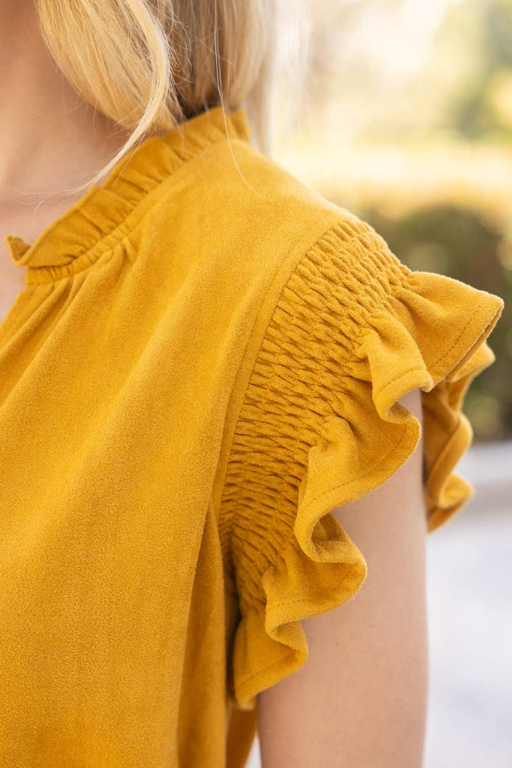 Smocked Ruffle Sleeve Suede Top