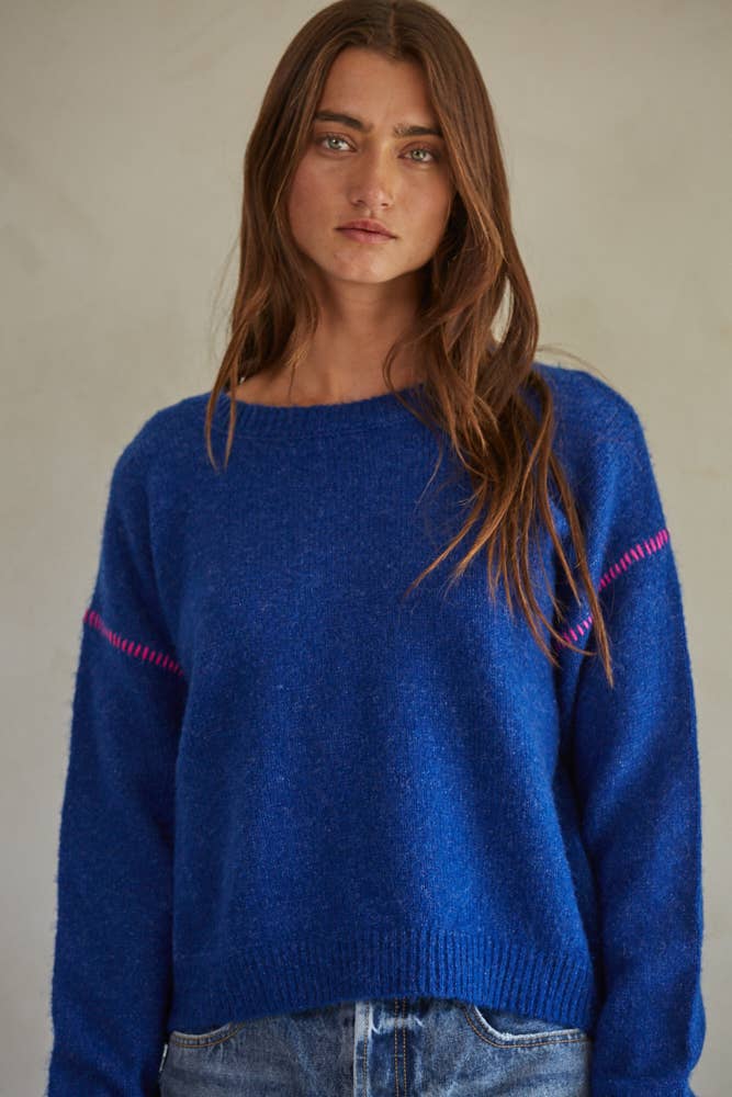 Royal Blue Drop Sleeve Pink Stitch Sweater