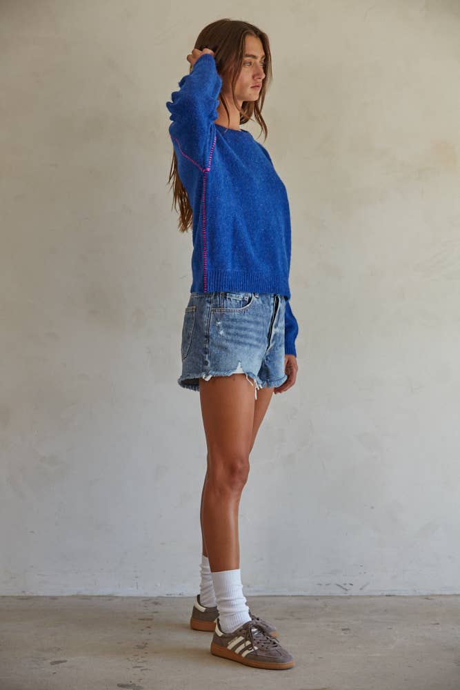 Royal Blue Drop Sleeve Pink Stitch Sweater