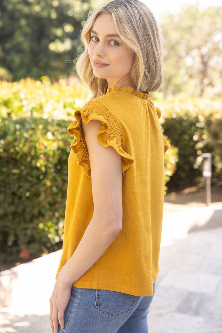 Smocked Ruffle Sleeve Suede Top