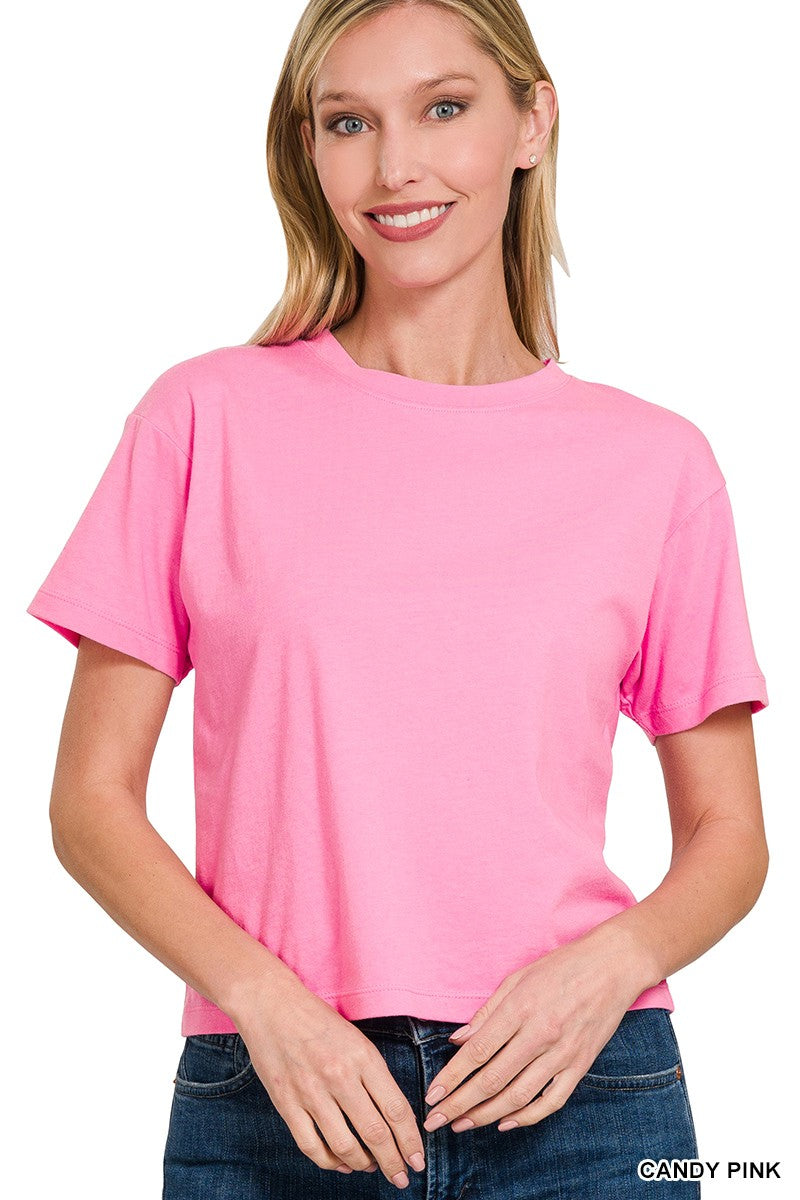 Zoey Short Sleeve Crew Neck Cropped Shirt - CANDY PINK