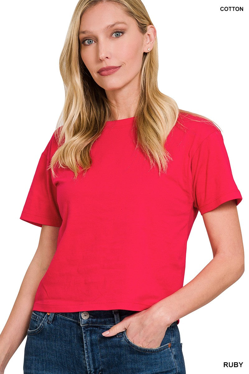 Zoey Short Sleeve Crew Neck Cropped Shirt - RUBY