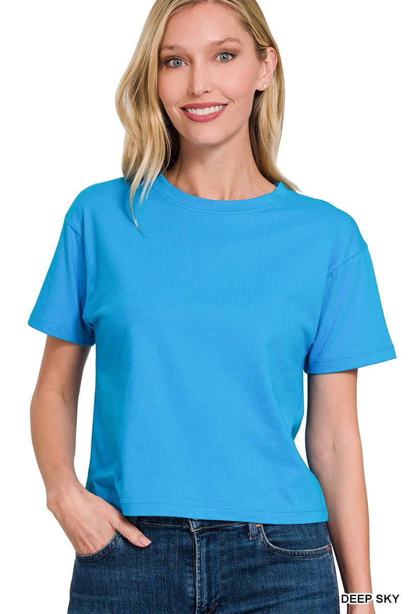 Zoey Short Sleeve Crew Neck Cropped Shirt - OCEAN BLUE