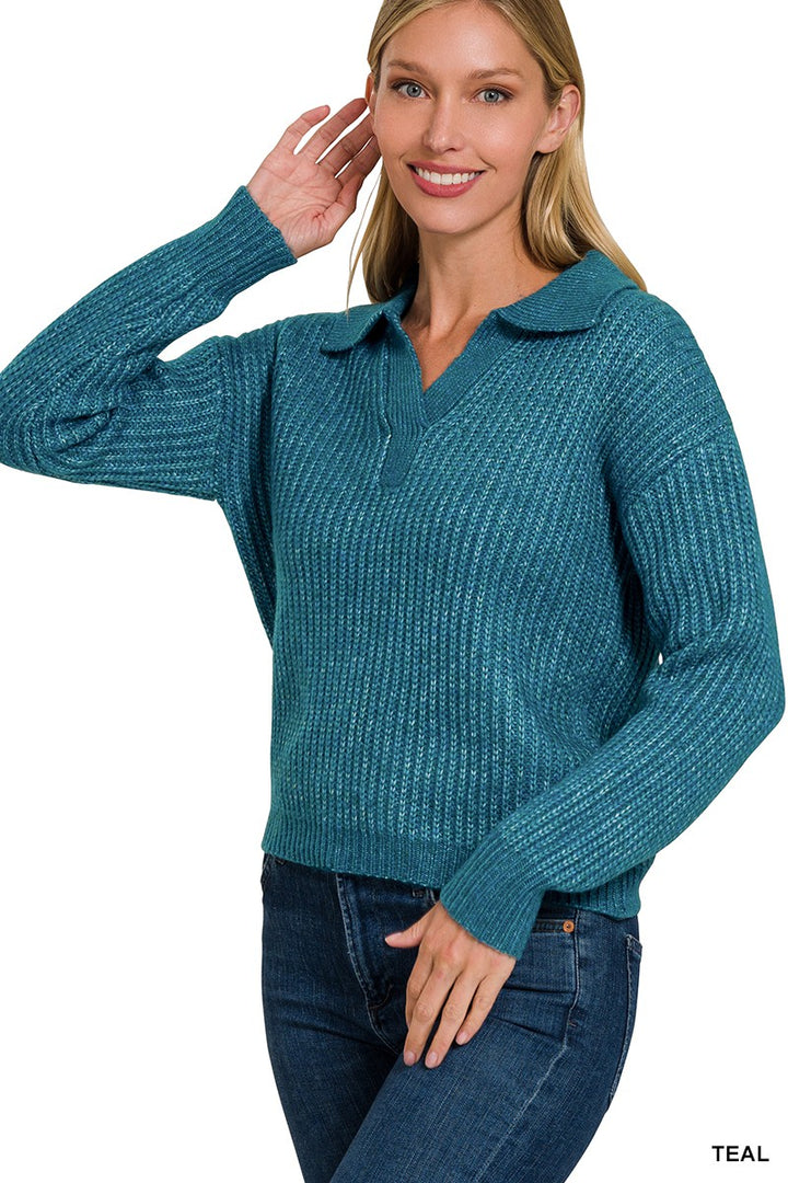 Zoey Melange Collared V-Neck Sweater