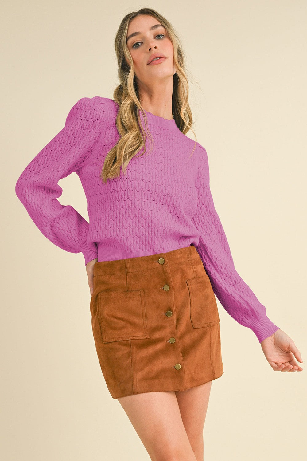 Marcy Puff Sleeve Scalloped Pointelle Sweater