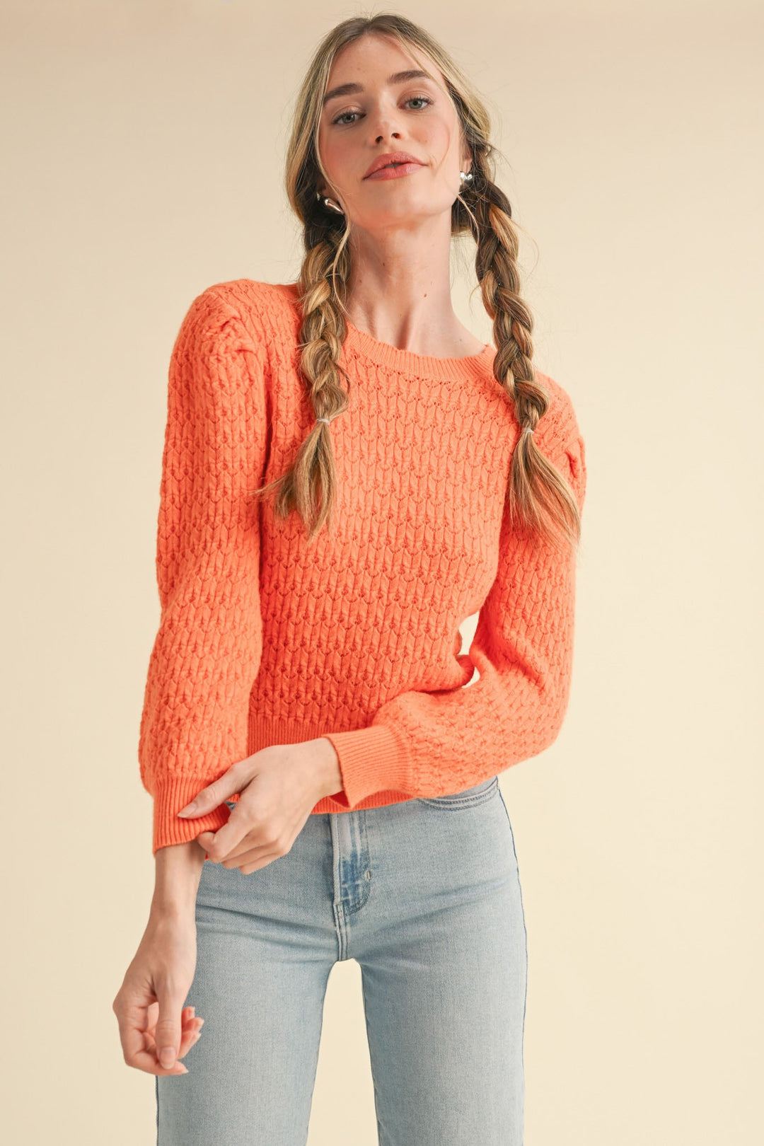 Marcy Puff Sleeve Scalloped Pointelle Sweater