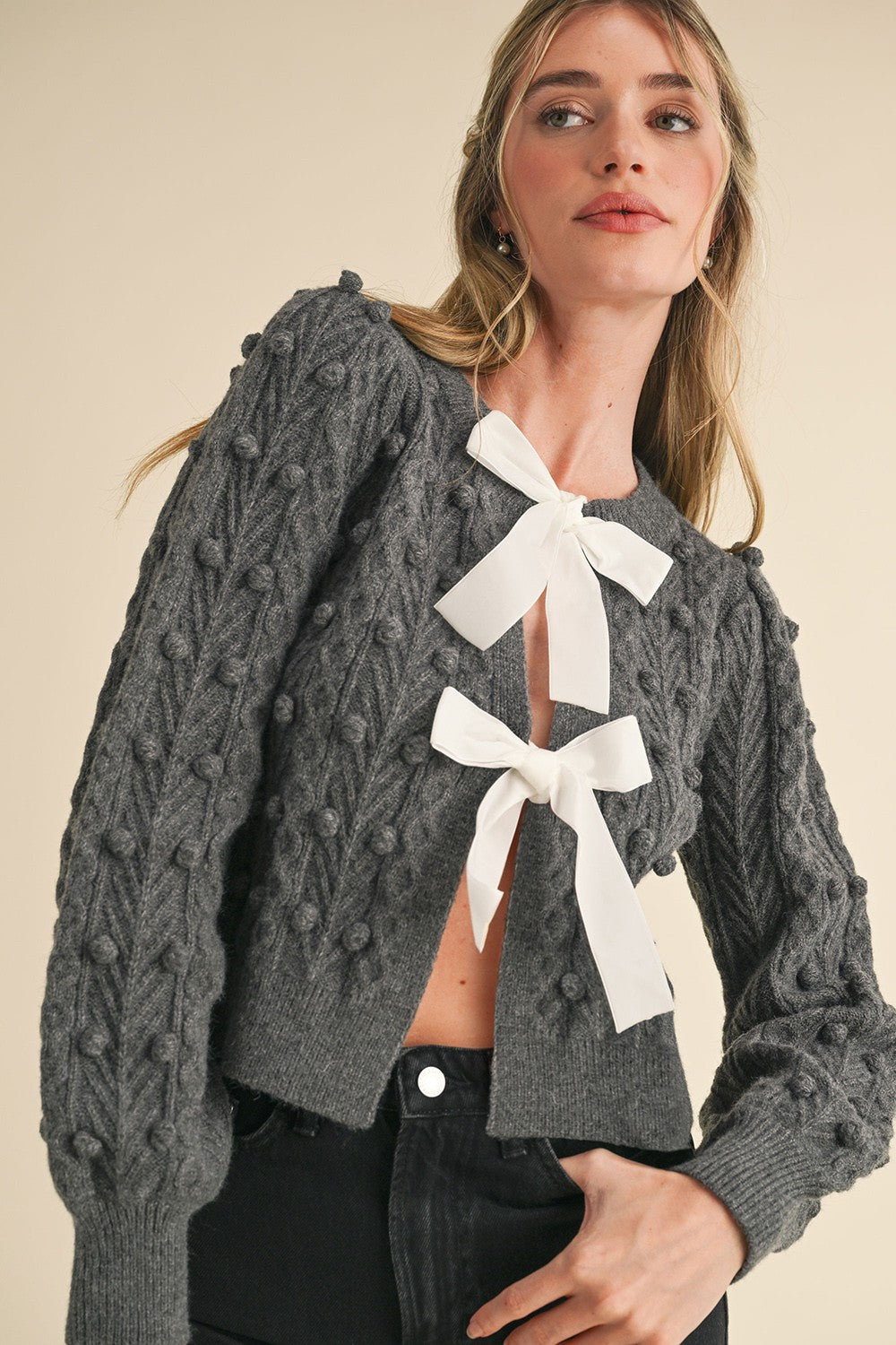 Bow Front Cable Knit Sweater Cardigan