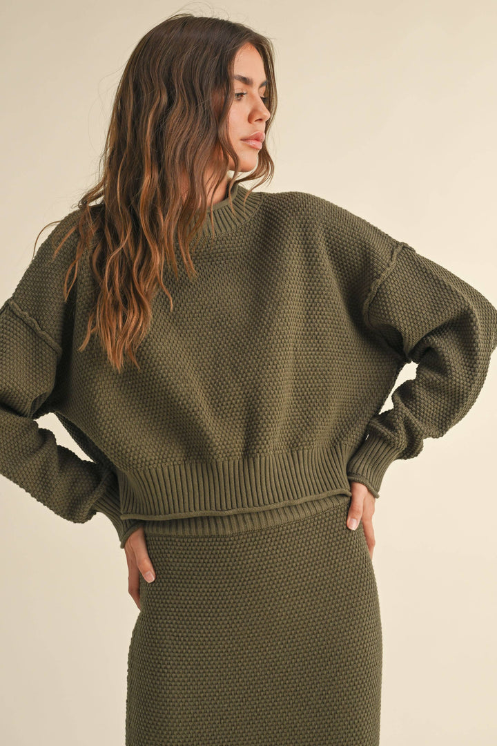 Mock Neck Waffle Sweater - Olive