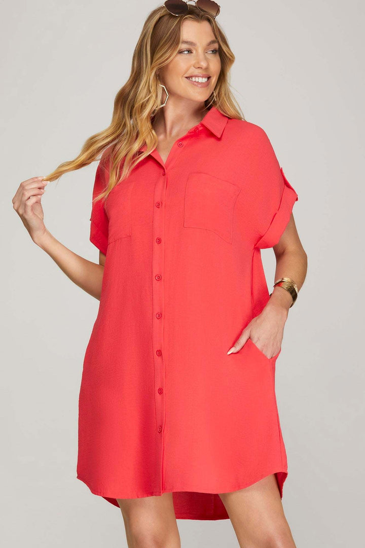 Sky Woven Shirt Dress with Pockets Hot Coral Red