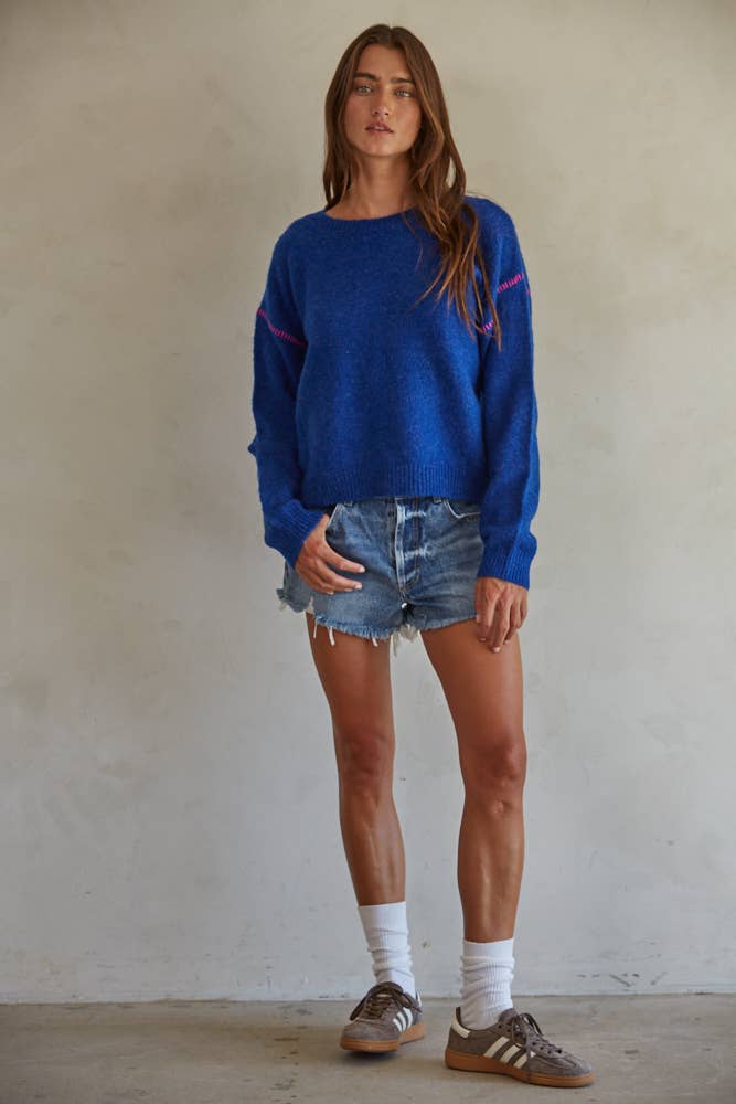 Royal Blue Drop Sleeve Pink Stitch Sweater