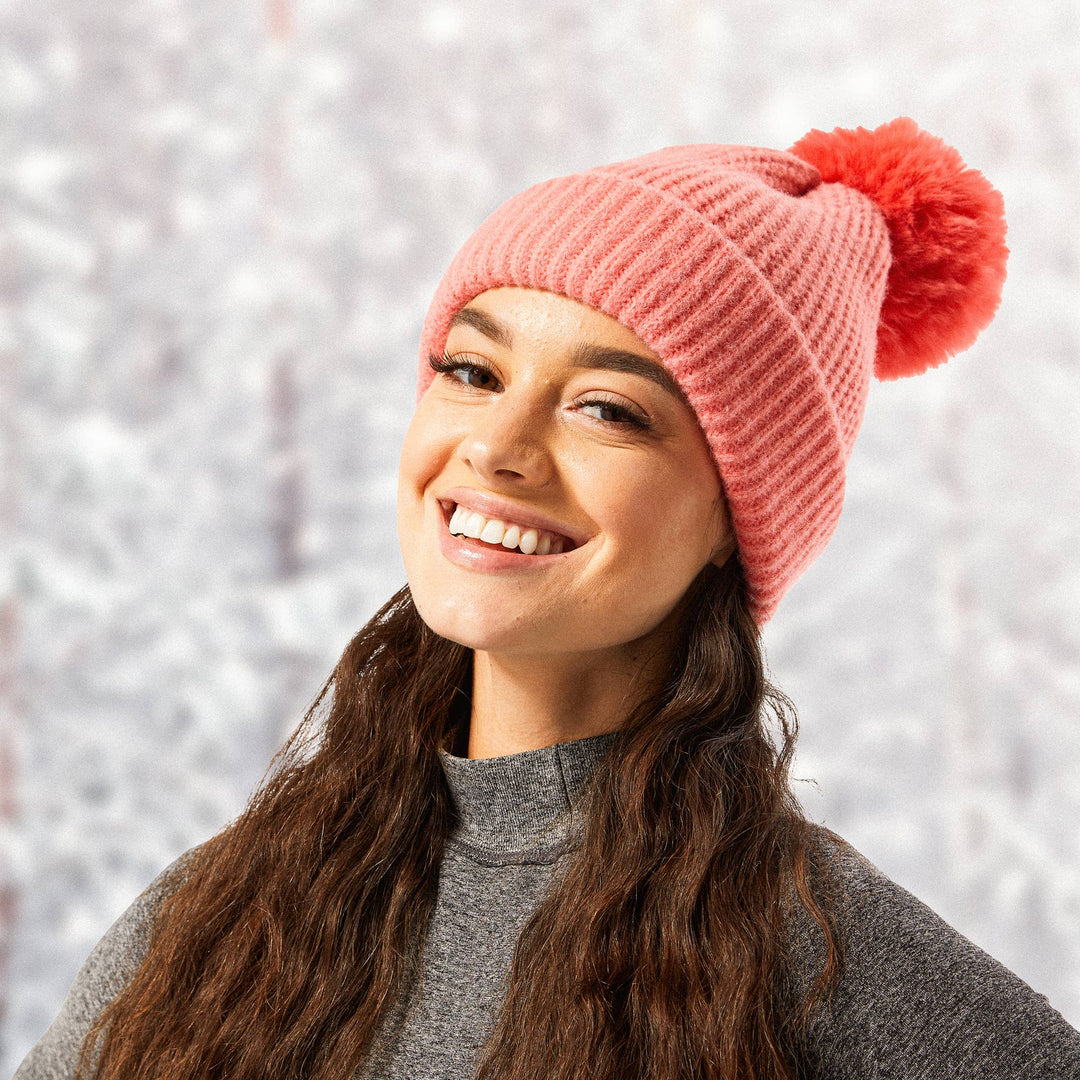 Plush Knit Pom Pom Beanie - Coral