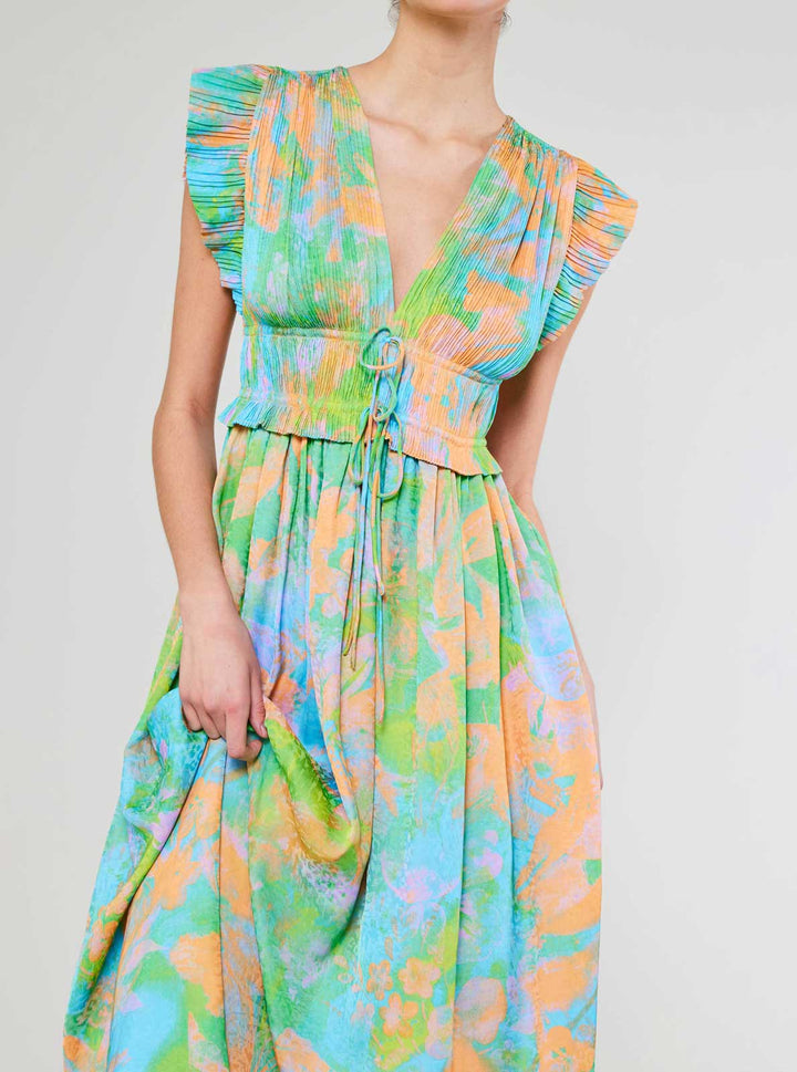 Abstract Printed Pleated Midi Dress