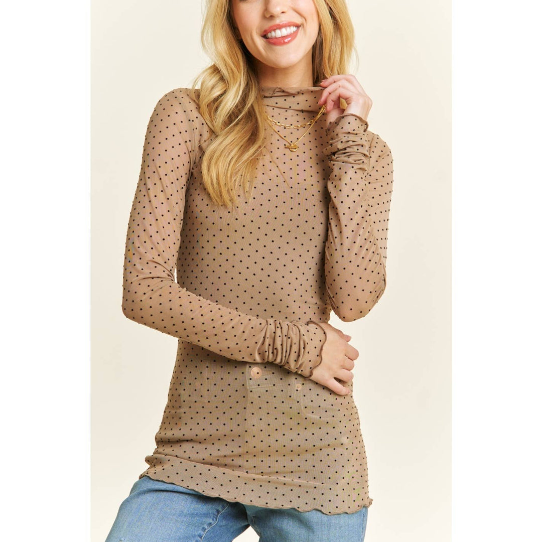 Nude Polka-Dot Mesh Long Sleeve Top