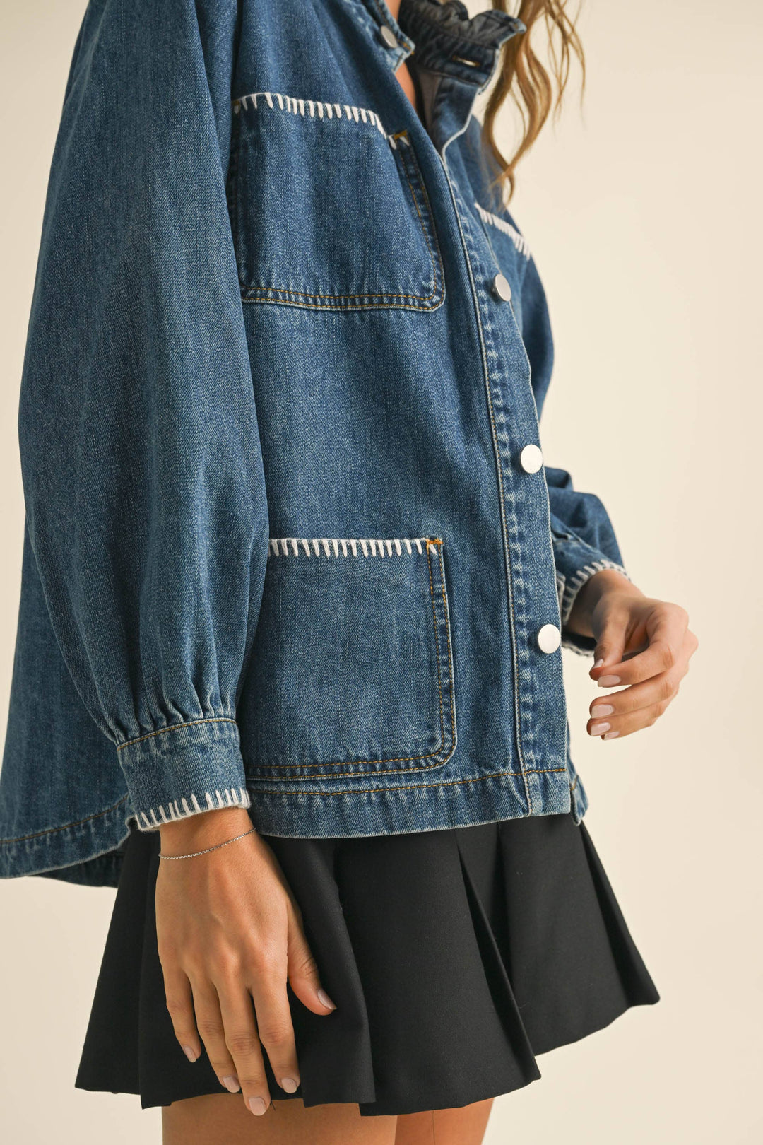 Stitch Detail Ruffled Denim Jacket
