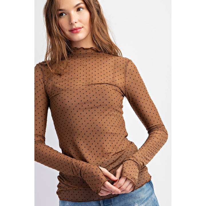 Mocha Polka-Dot Mesh Long Sleeve