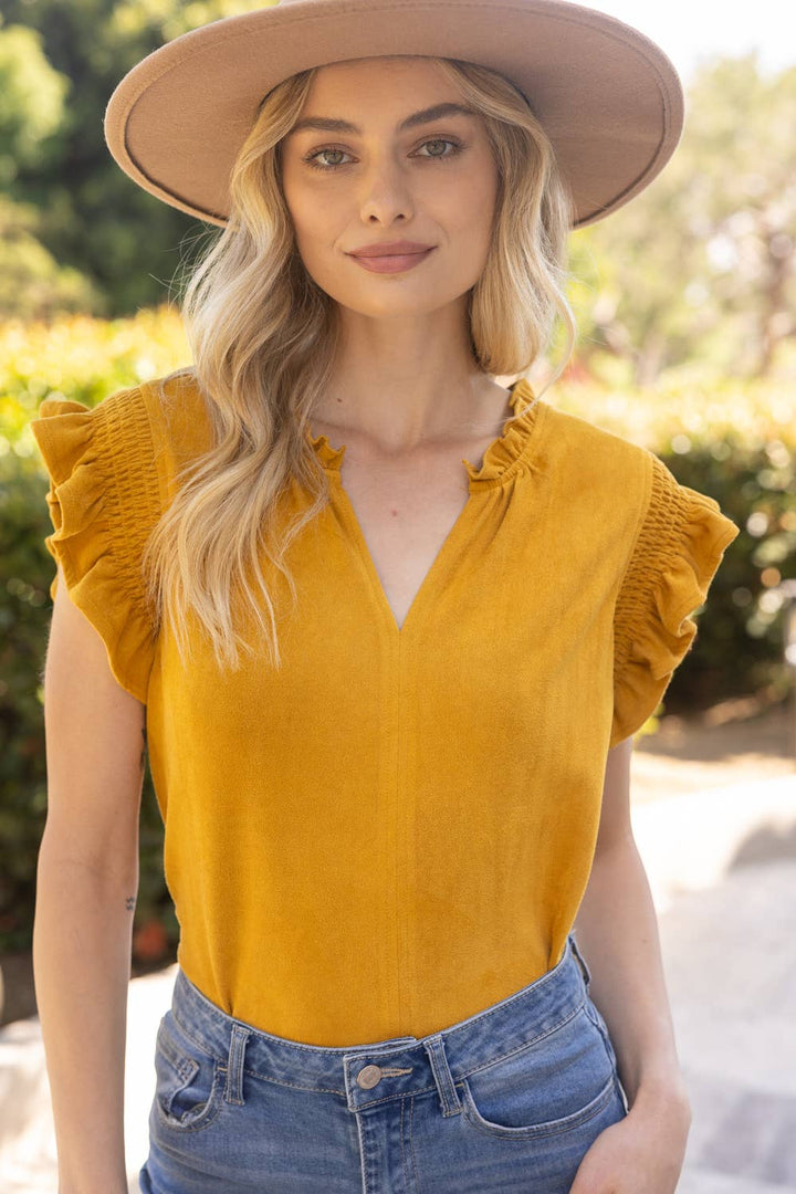 Smocked Ruffle Sleeve Suede Top