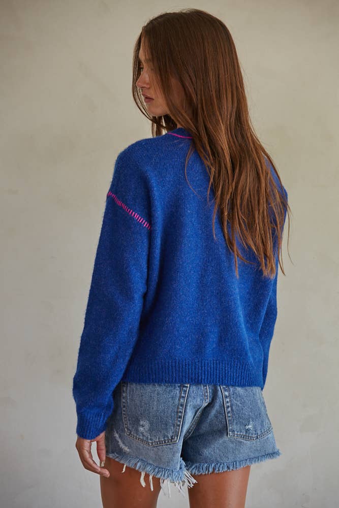 Royal Blue Drop Sleeve Pink Stitch Sweater