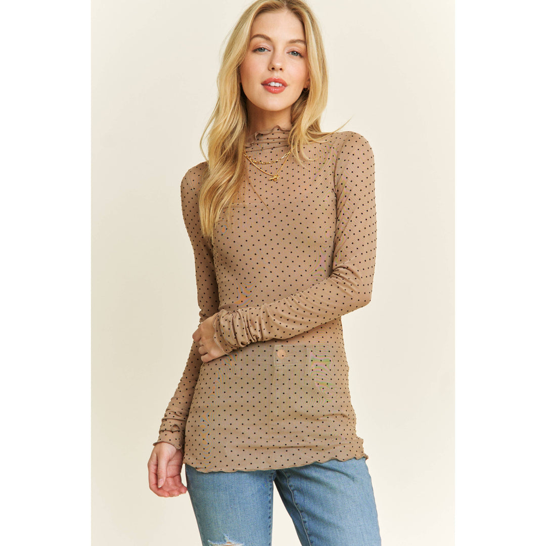 Nude Polka-Dot Mesh Long Sleeve Top