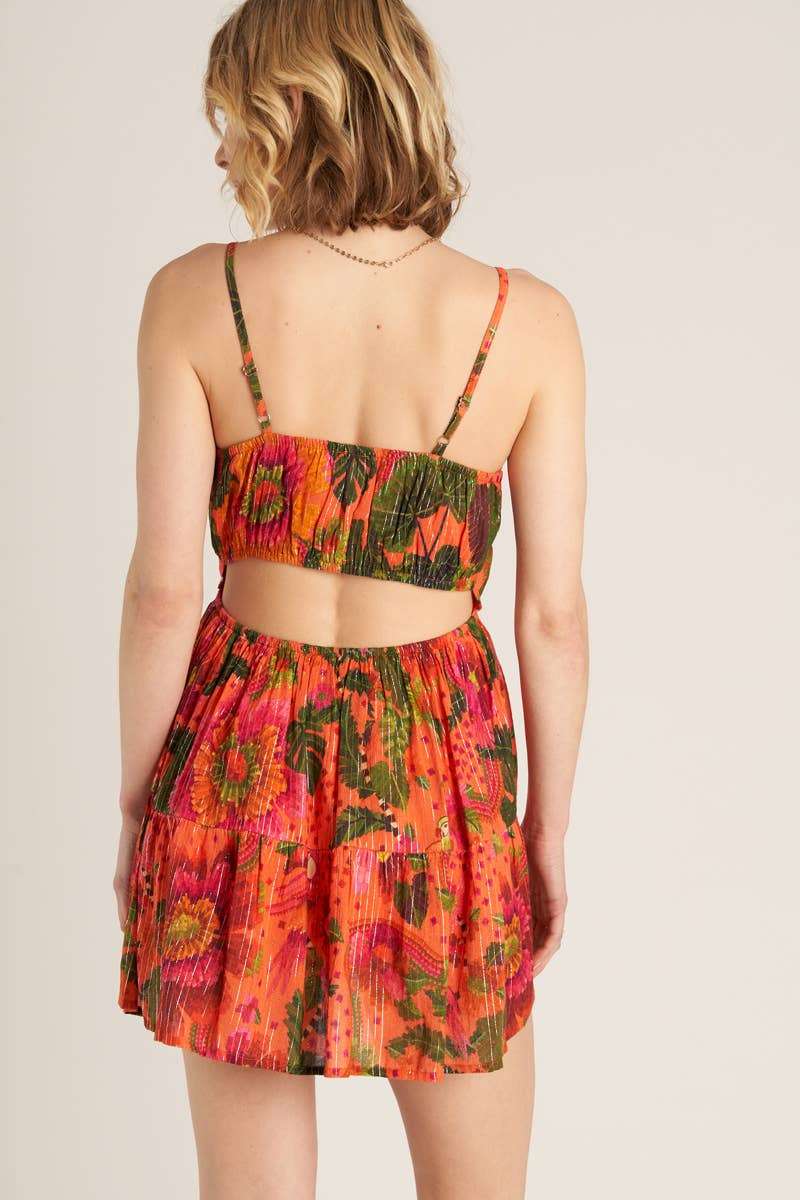 Tropical Print Mini Dress with Lurex Stripes