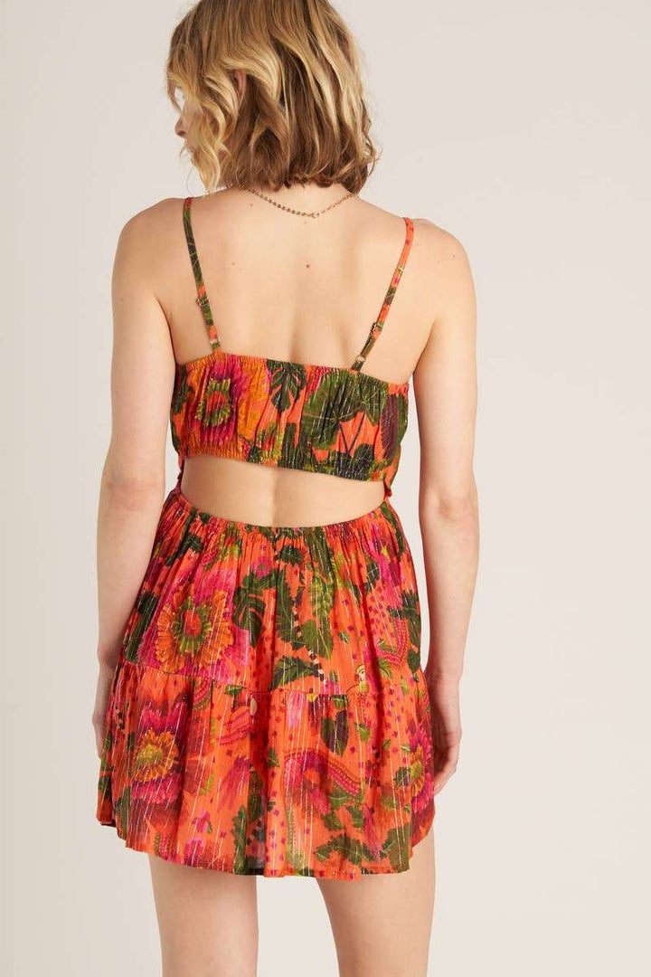 Tropical Print Mini Dress with Lurex Stripes