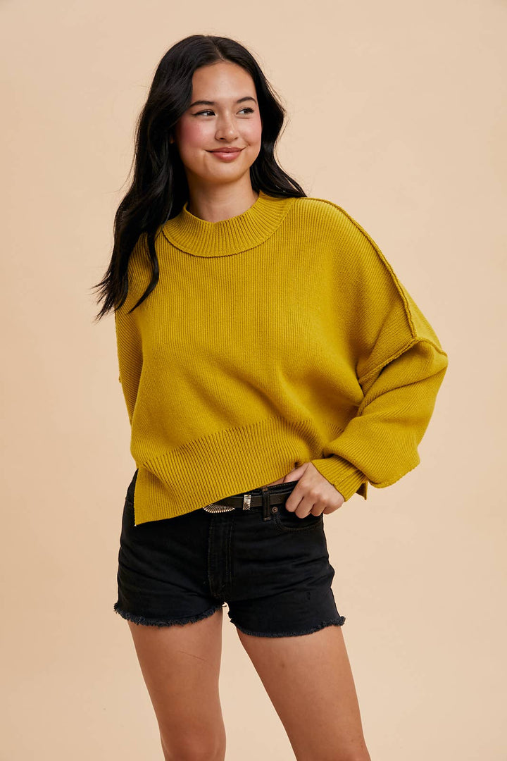 KNITTED MOCKNECK PULLOVER SWEATER: OLIVE YELLOW