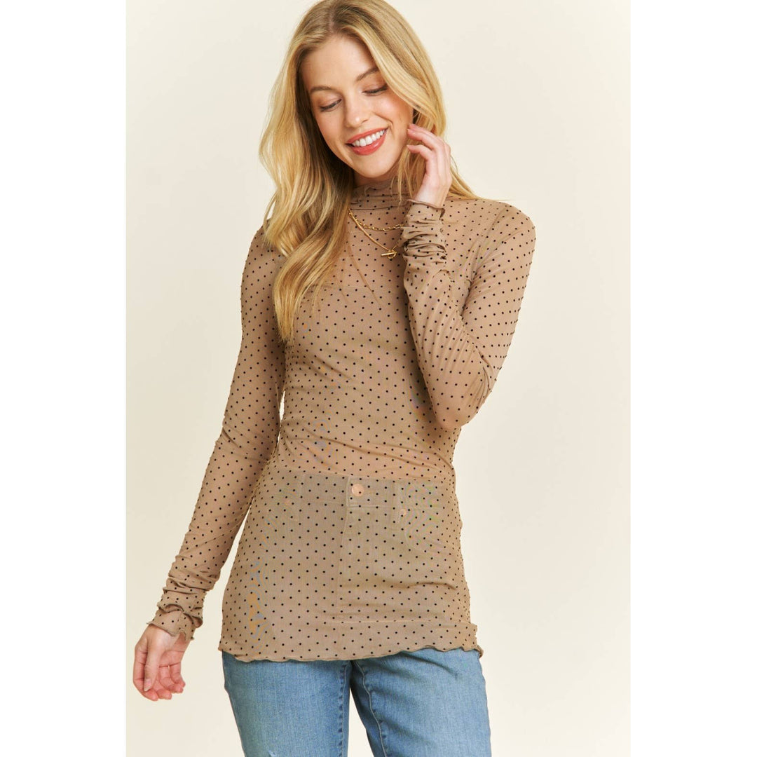 Nude Polka-Dot Mesh Long Sleeve Top