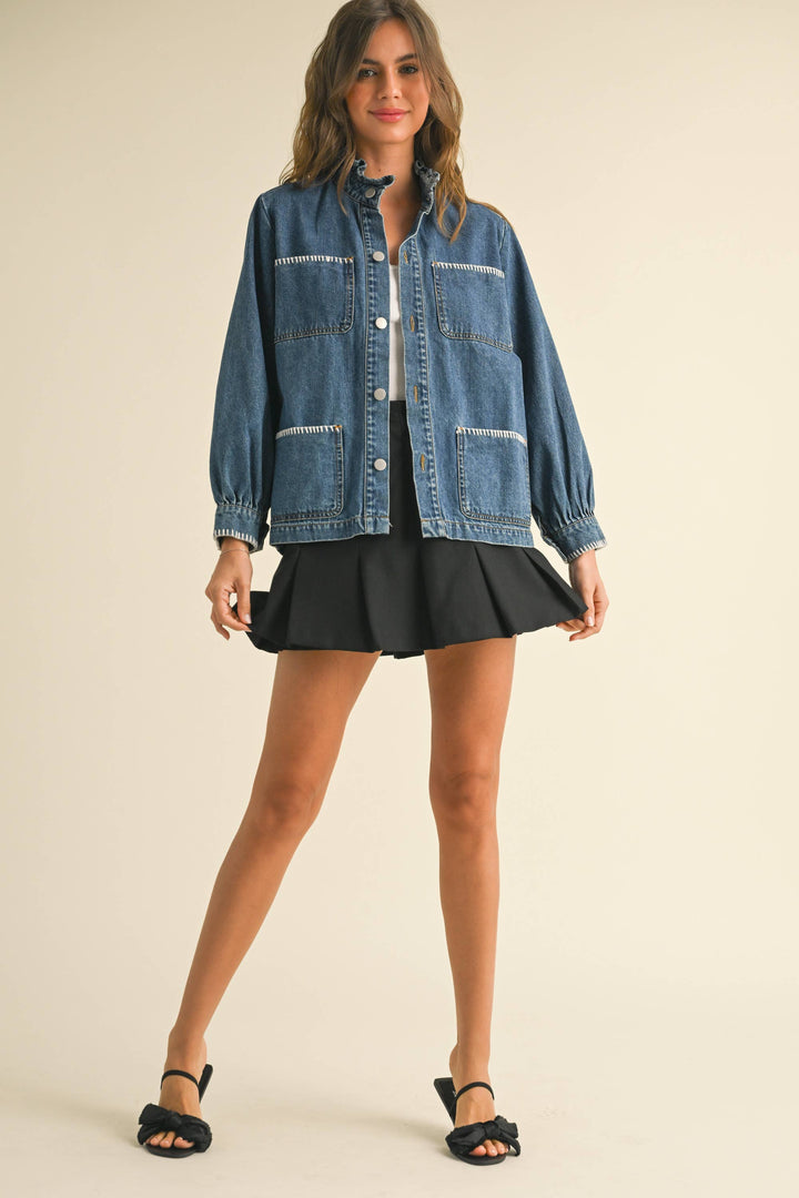 Stitch Detail Ruffled Denim Jacket