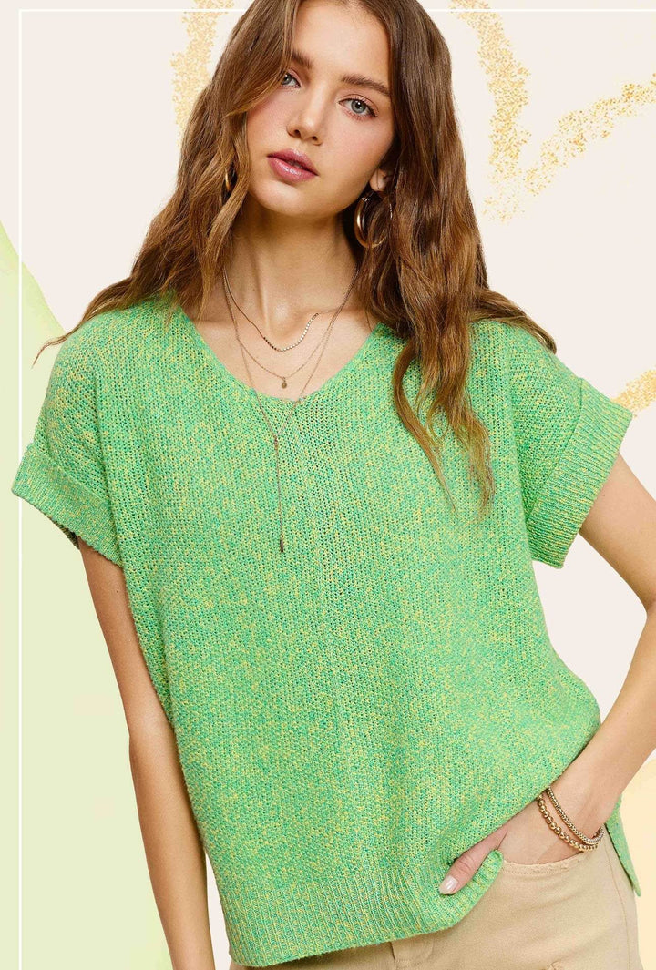 -Neck Short Sleeve Sweater Top Melon