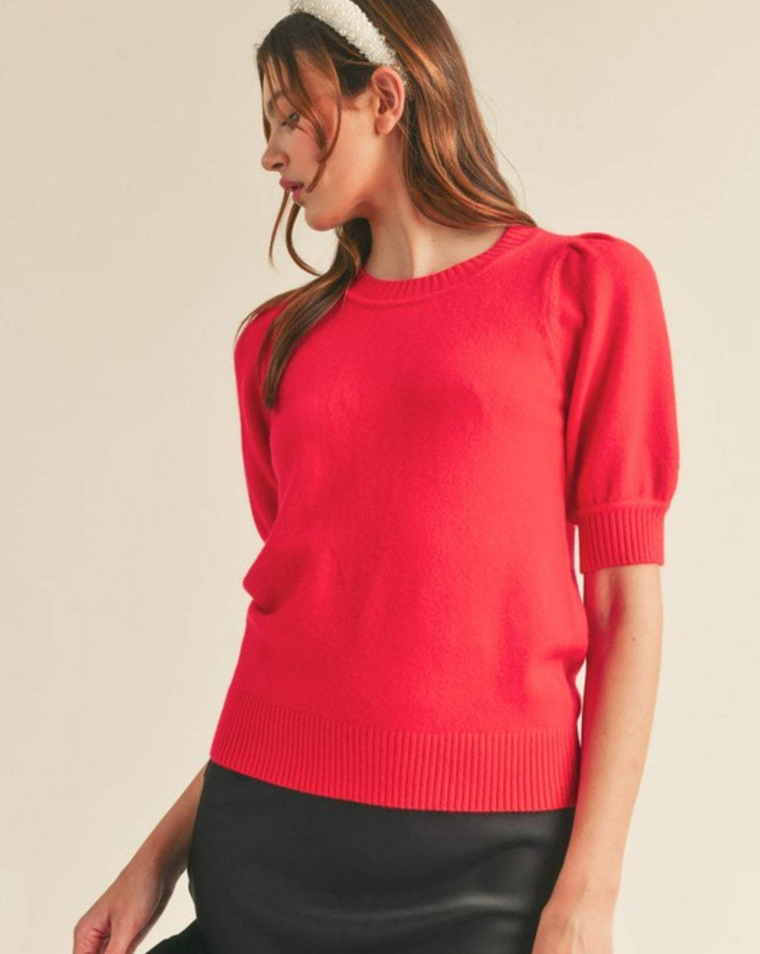 Breann Short Sleeve Sweater with Puff Sleeve True Red