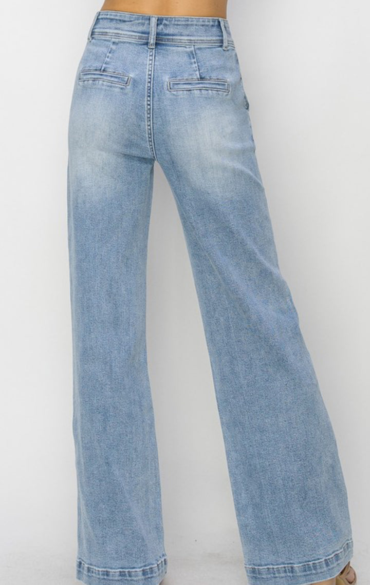 High Rise Double Button Wide Jeans