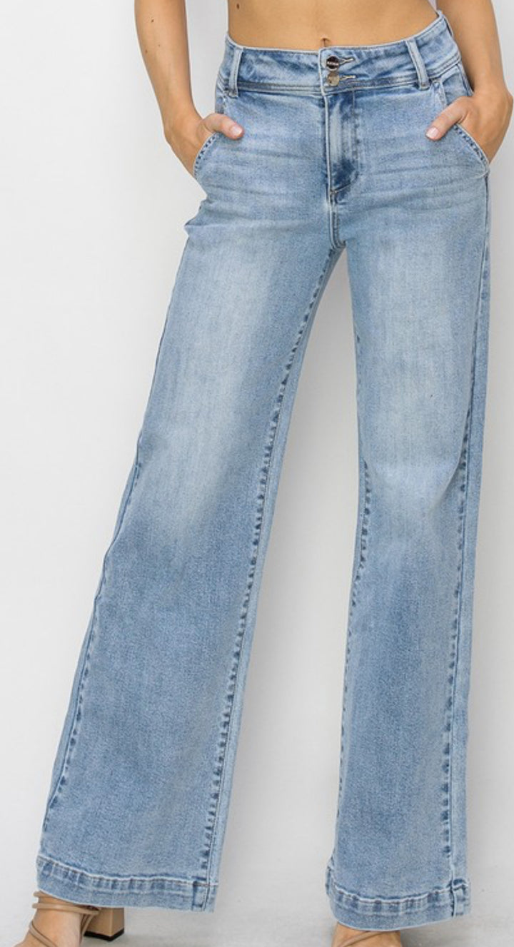 High Rise Double Button Wide Jeans