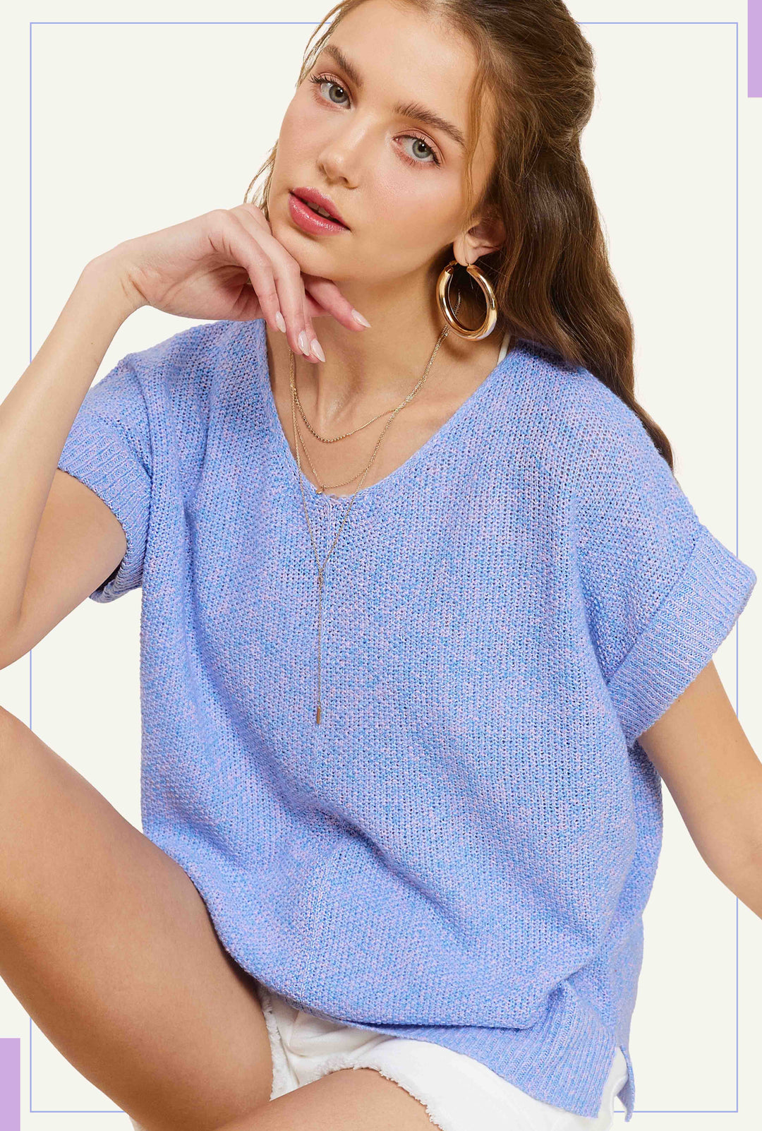 Lacy Soft Lightweight V-Neck Short Sleeve Sweater Top Periwinkle