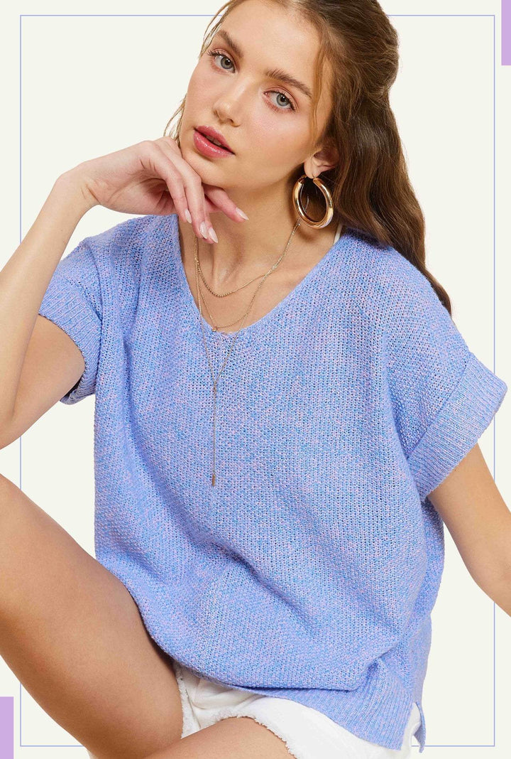 -Neck Short Sleeve Sweater Top Periwinkle