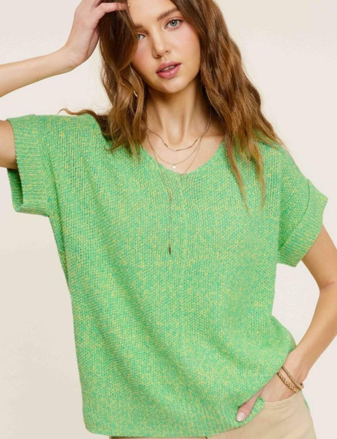 -Neck Short Sleeve Sweater Top Melon