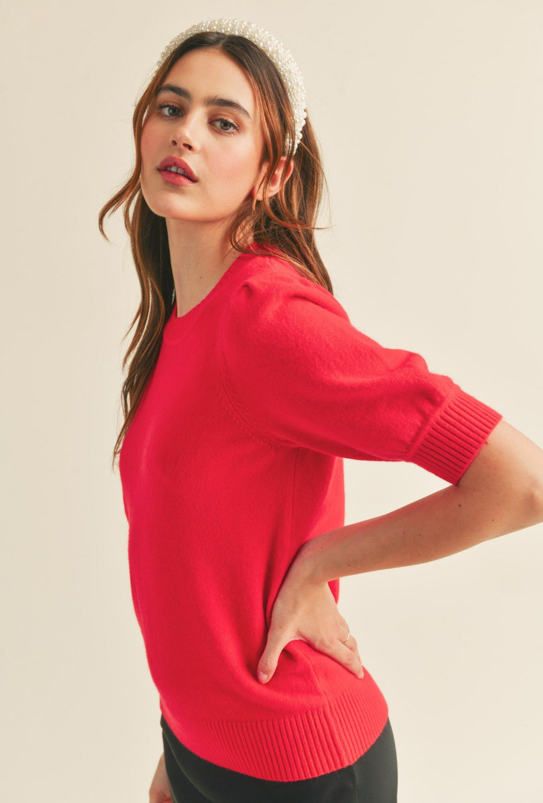 Breann Short Sleeve Sweater with Puff Sleeve True Red