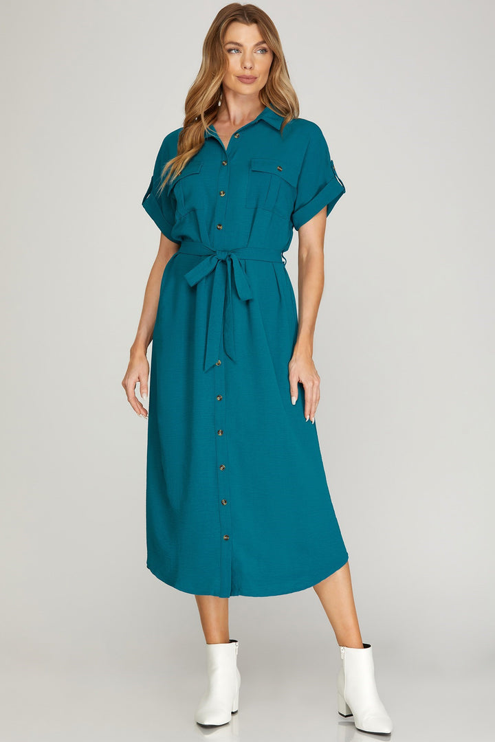 Sky Drop Shoulder Woven Button Down Dress