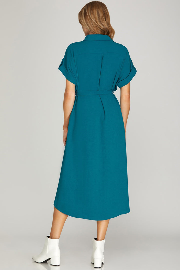 Sky Drop Shoulder Woven Button Down Dress