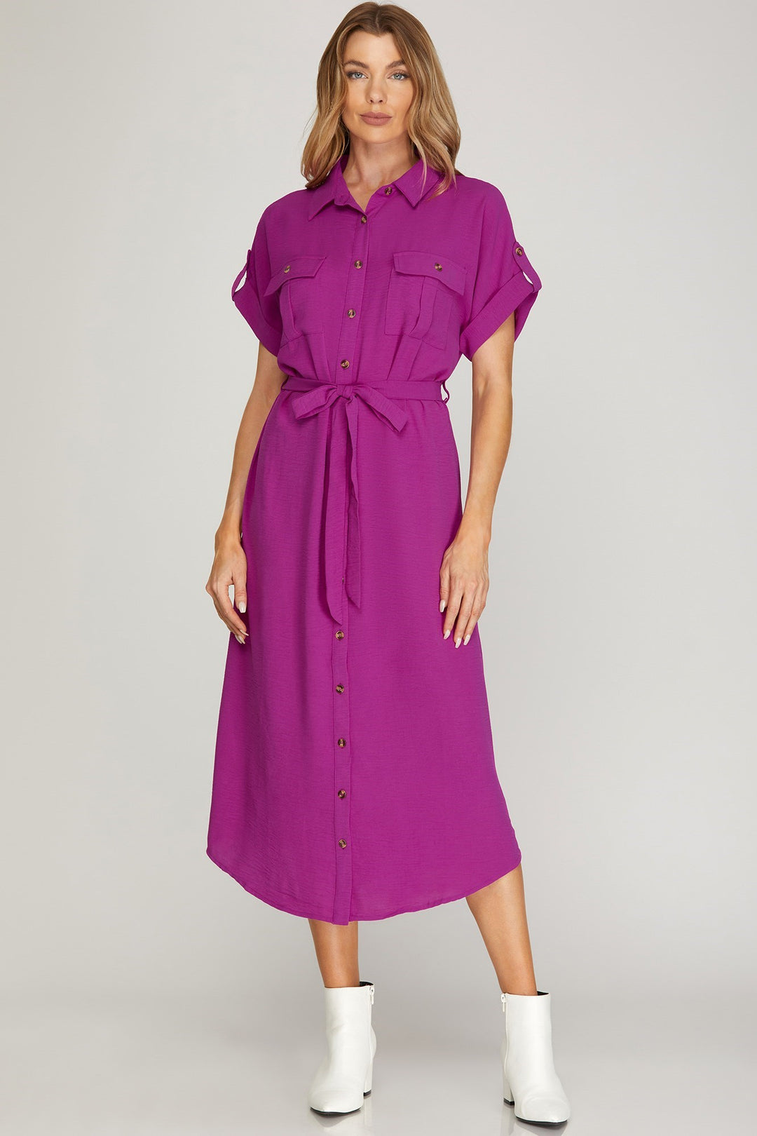 Sky Drop Shoulder Woven Button Down Dress