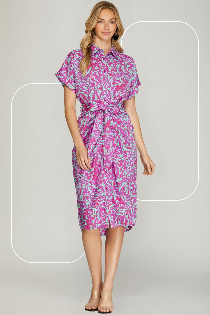 Sky Drop Shoulder Woven Print Button Down Dress