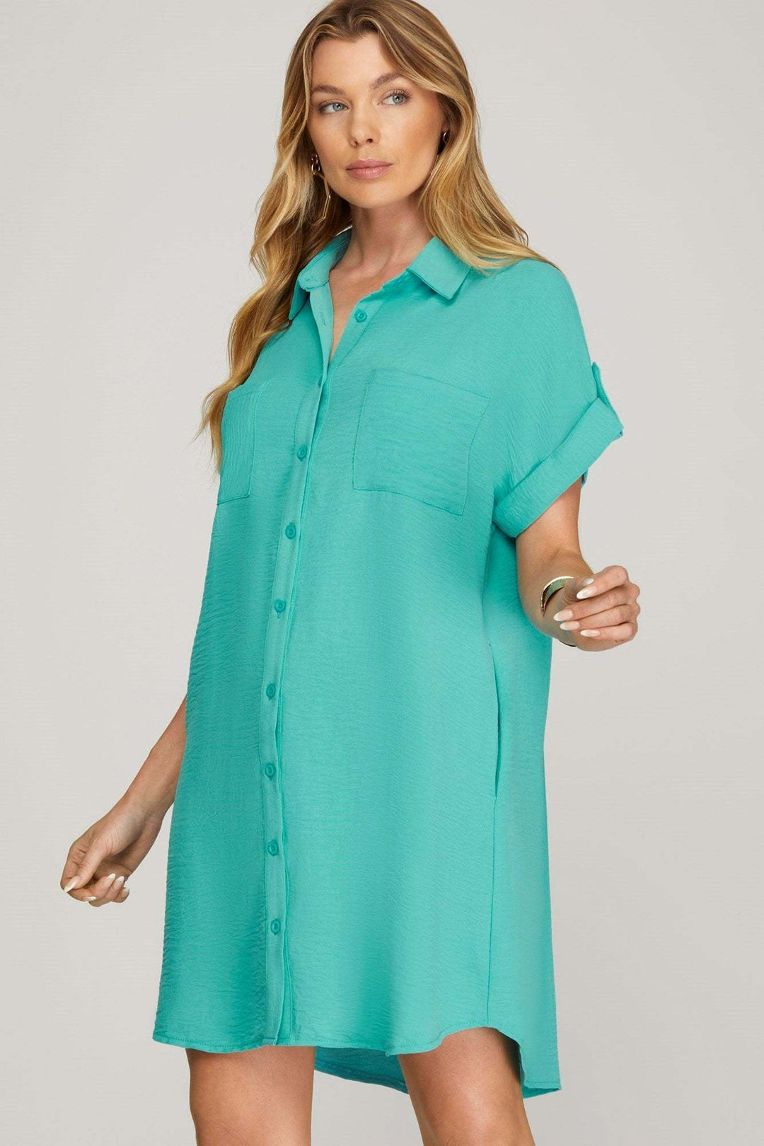 Sky Woven Shirt Dress with Pockets Aquamarine