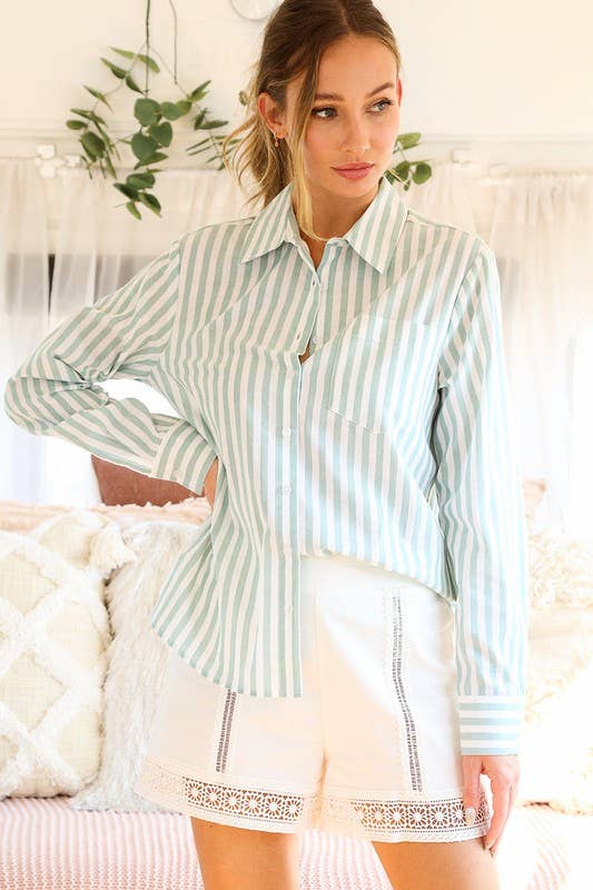 Collared Striped Cotton Shirt-Navy