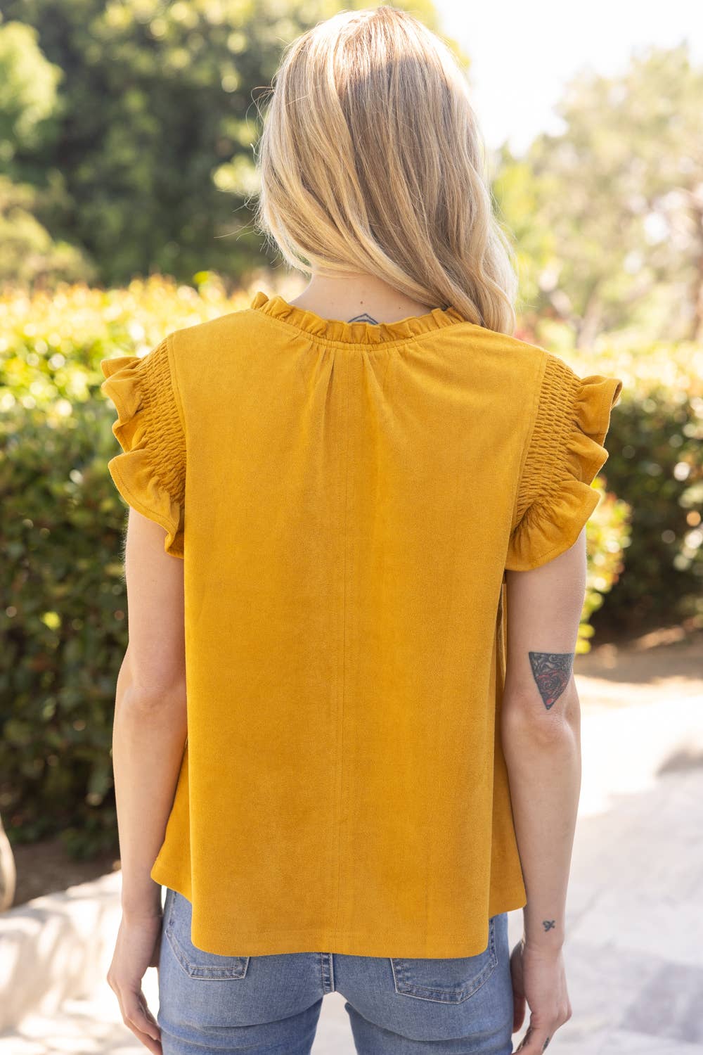 Smocked Ruffle Sleeve Suede Top