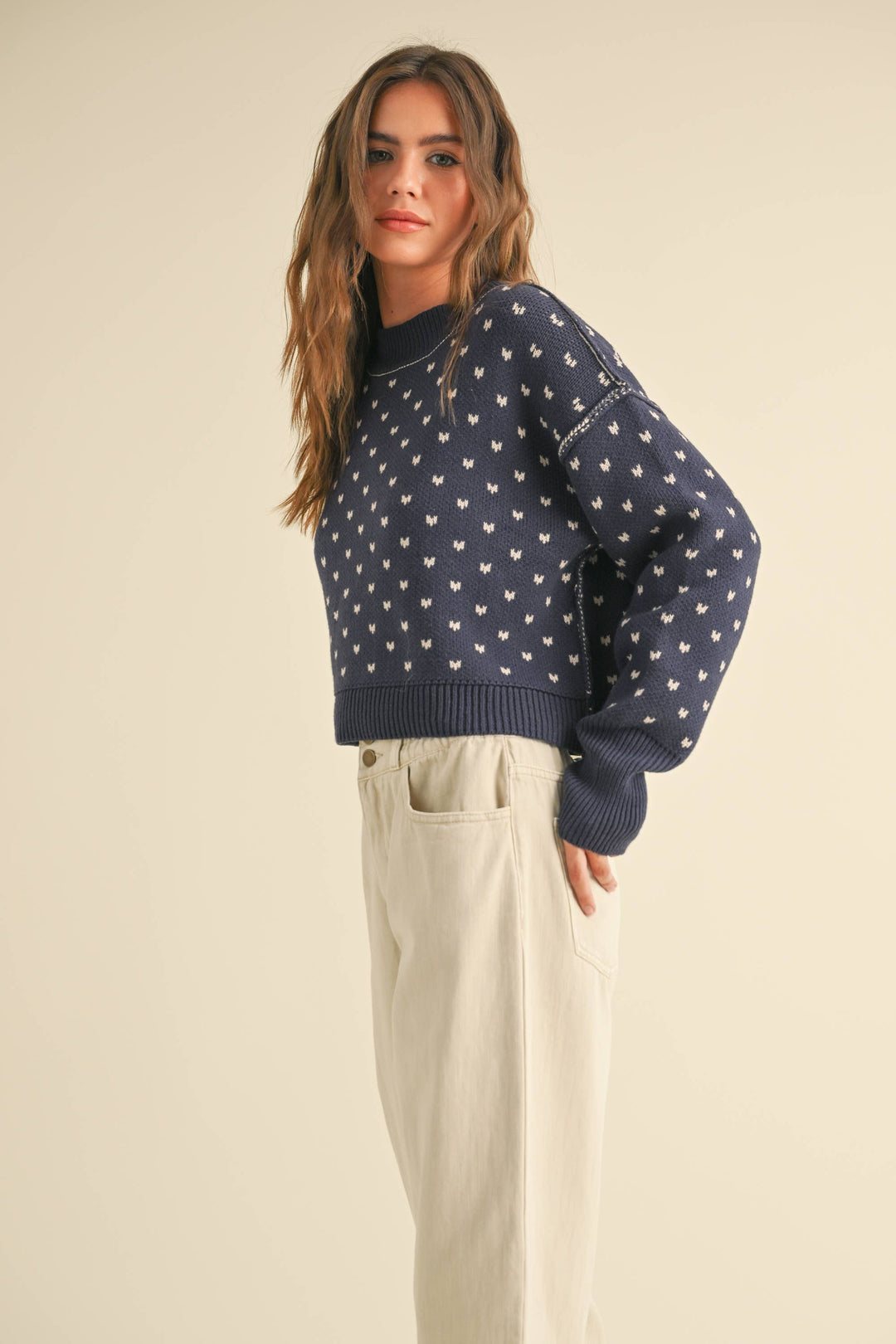 Patterned Crop Sweater Top - Navy