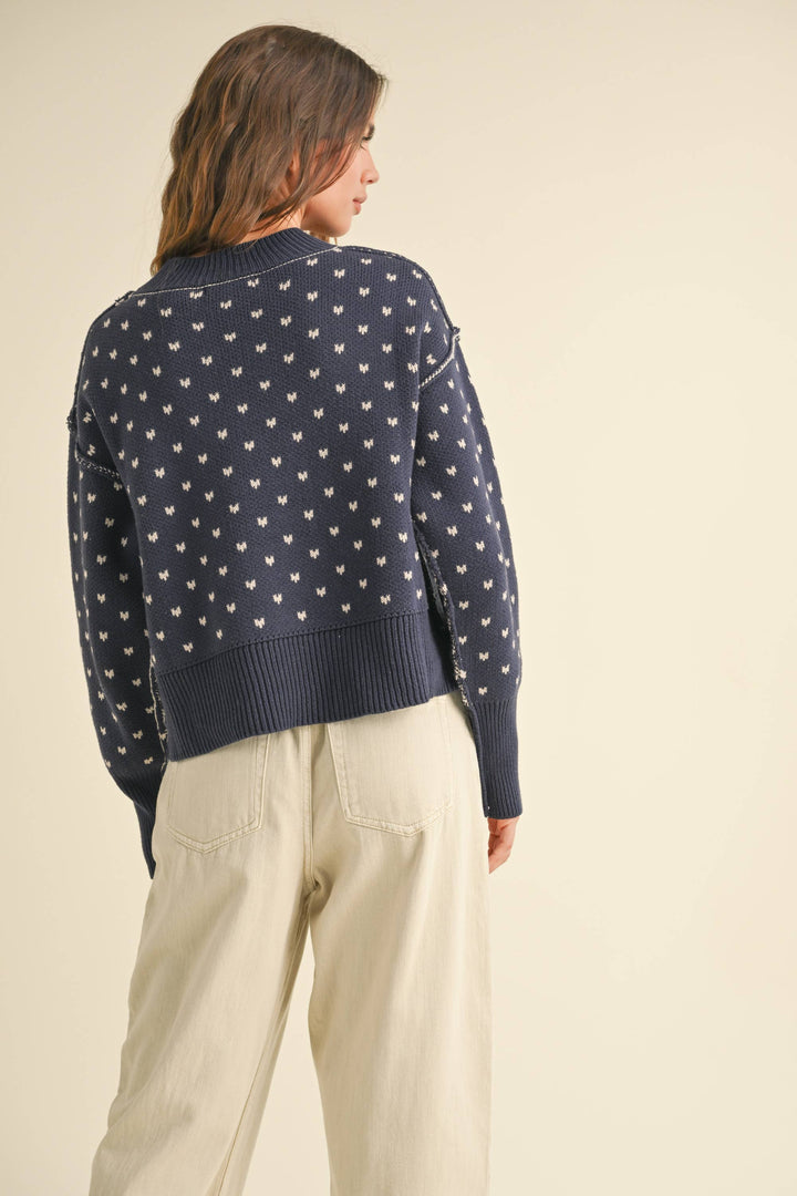 Patterned Crop Sweater Top - Navy