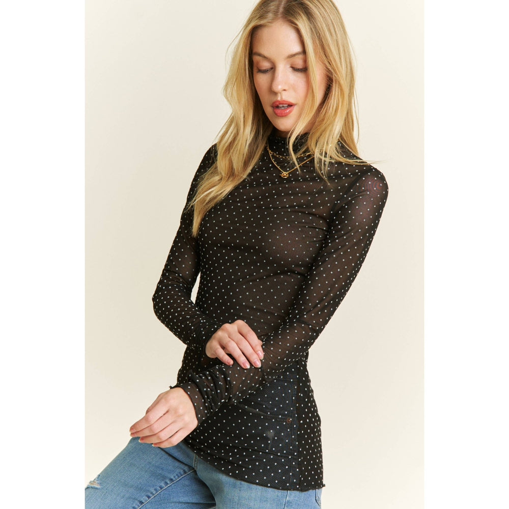 Black Polka - Dot Mesh Long Sleeve Top - The Color Collab