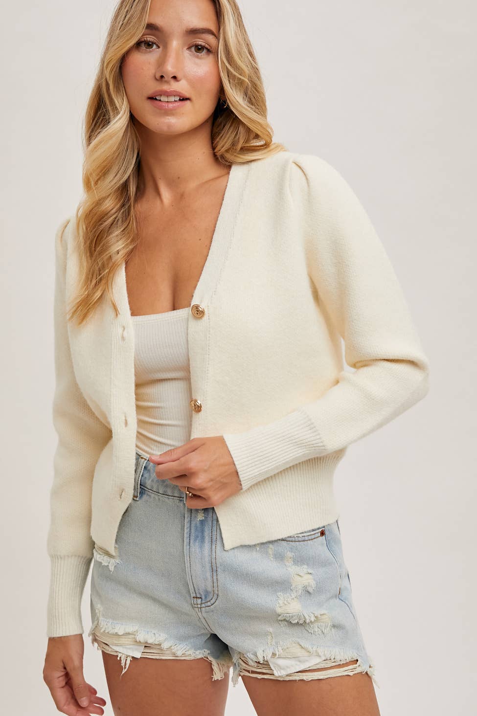 Button Down V - Neck Cardigan Cream - The Color Collab